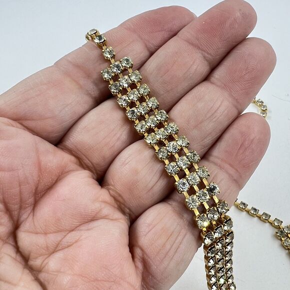 Vintage Gold Tone And Champagne Rhinestone Choker 3 Rows Runway Glam Elegant 90s - Picture 4 of 5